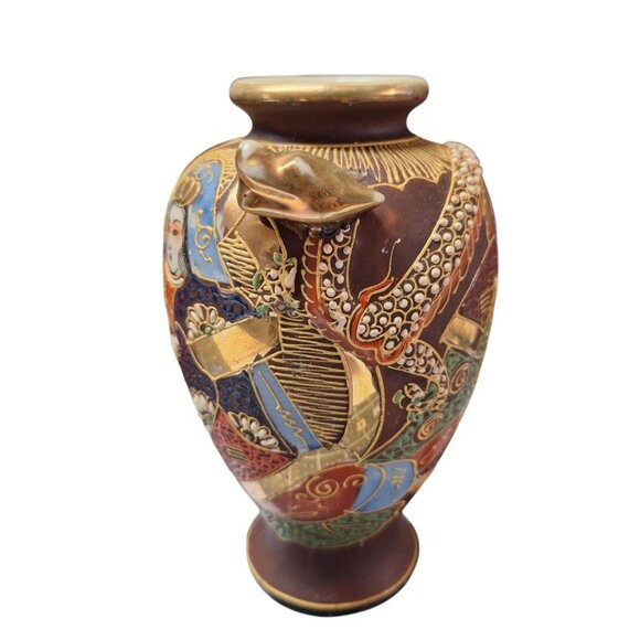 Japanese Dragon Ware Art Painted Gold Accents Vintage 6.5 Inches Tall Small Vase - Picture 2 of 8